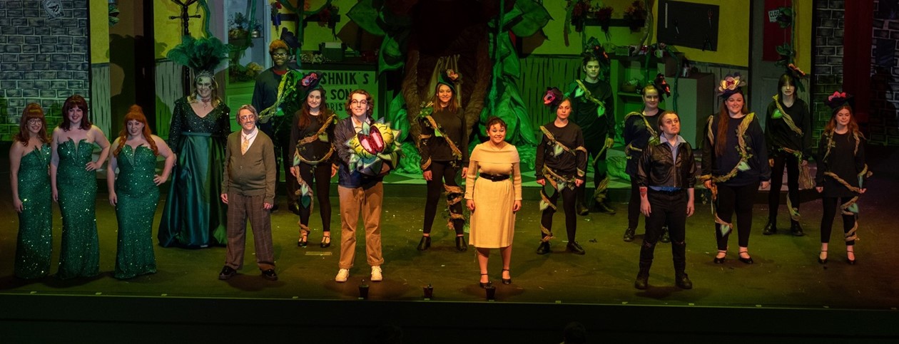 cast of Little Shop of Horrors on stage