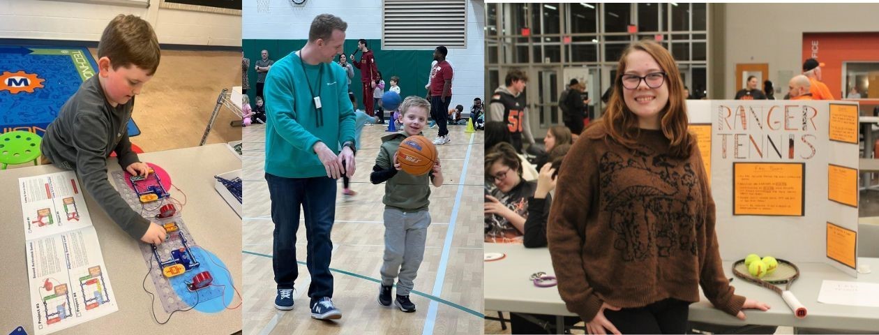 Photo of collage of elementary student in STEM lab, student and teacher with a basketball in the gym, and a North High student at the Tennis Club activity table