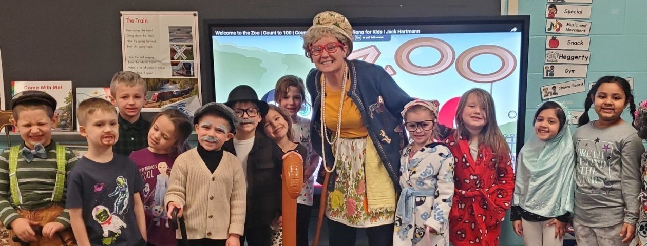 Preschool students celebrating the 100th day of school and dress up like they were 100 years old!