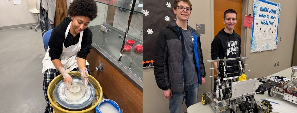 Student at the pottery wheel and students with a robot