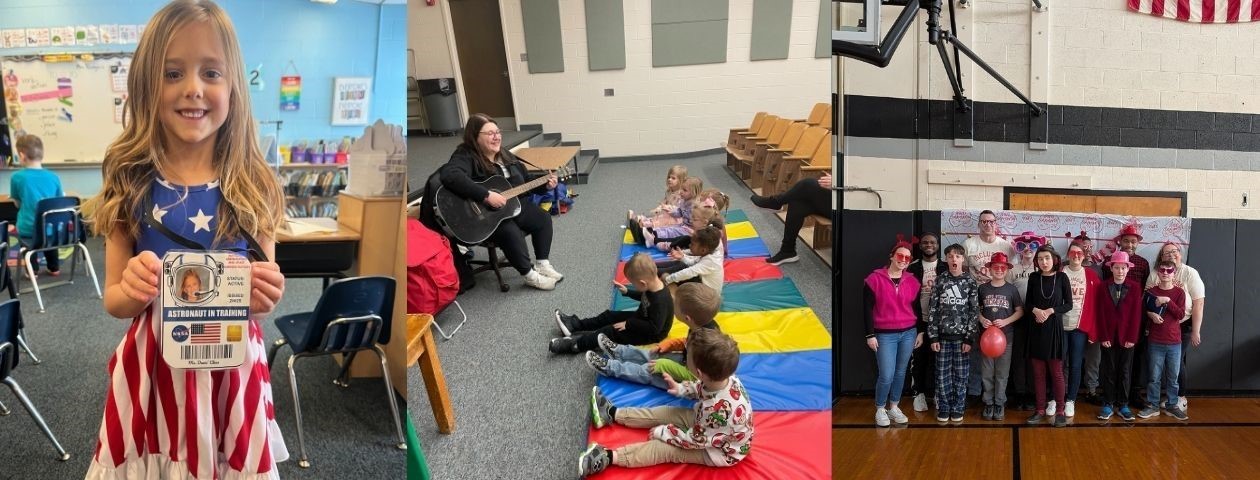 Student with &#34;astronaut&#34; badge, students in music class and students at a Valentine&#39;s Dance