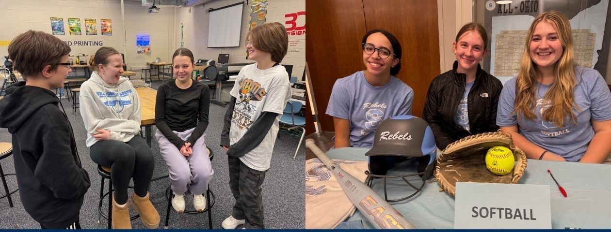 Middle school students talking in the Makerspace. High school softball players at the Experience Night booth.