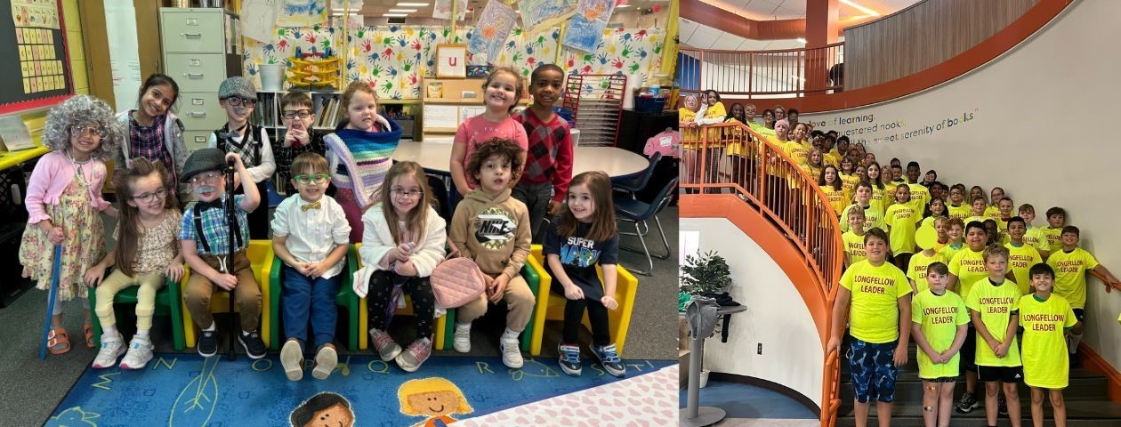 Preschool students dressed up for 100th day of school. Longfellow students on the stairs.