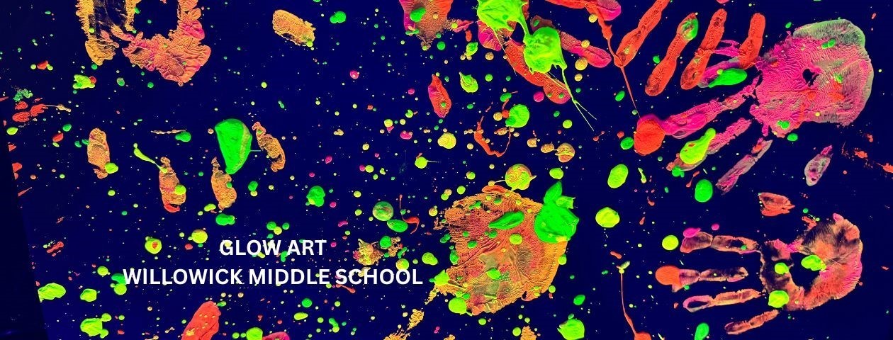 Photo of glow in the dark handprints made by students at Willowick Middle School for the art show