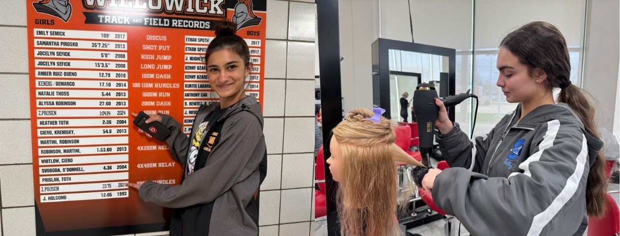 A high school student in front of a sign in her former middle school with her track record; Northern Career Institute cosmetology student practicing her skills in the lab